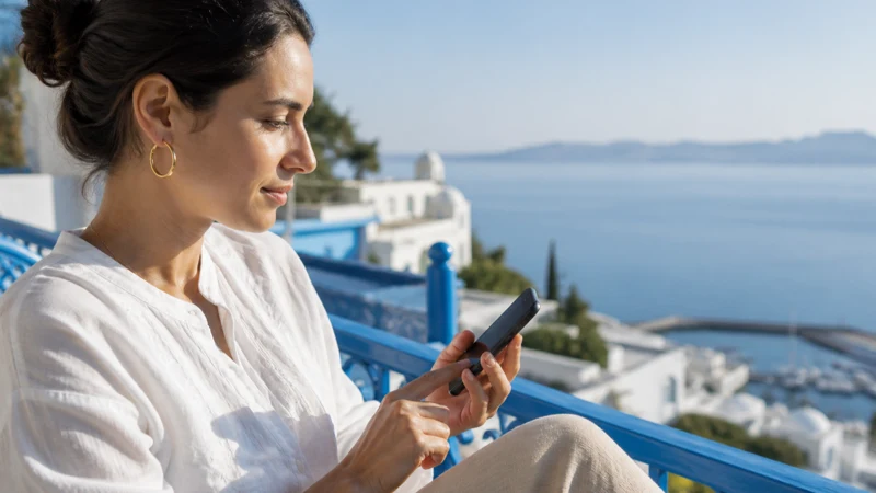 Traveller using a smartphone for Tunisia eSIM iPhone in Tunisia
