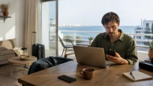 Traveller using a smartphone for Tunisia Long Stay Mobile Internet in Tunisia