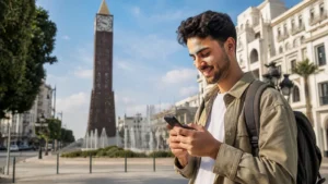 Traveller using a smartphone for Tunisia Short Trip Mobile Data in Tunisia