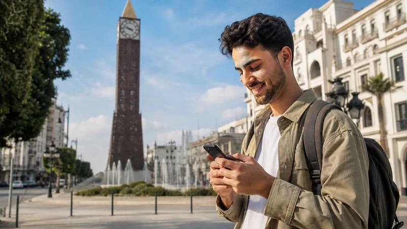 Traveller using a smartphone for Tunisia Short Trip Mobile Data in Tunisia