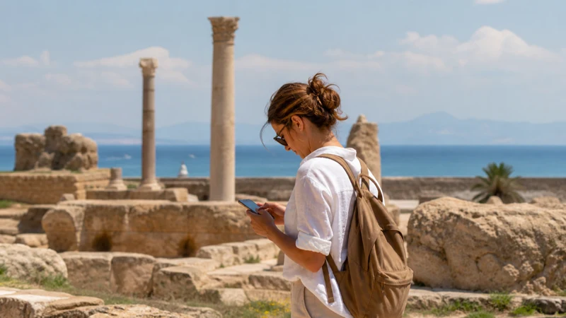Traveller using a smartphone for Tunisia Solo Travel Internet in Tunisia