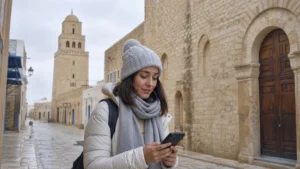 Traveller using a smartphone for Tunisia Winter Travel Internet in Tunisia