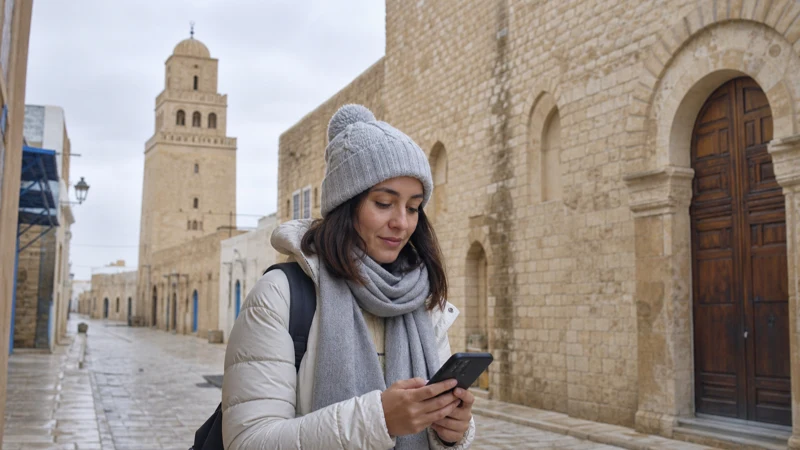Traveller using a smartphone for Tunisia Winter Travel Internet in Tunisia