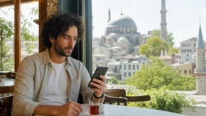 Traveller checking eSIM network settings on a smartphone in an Istanbul café.