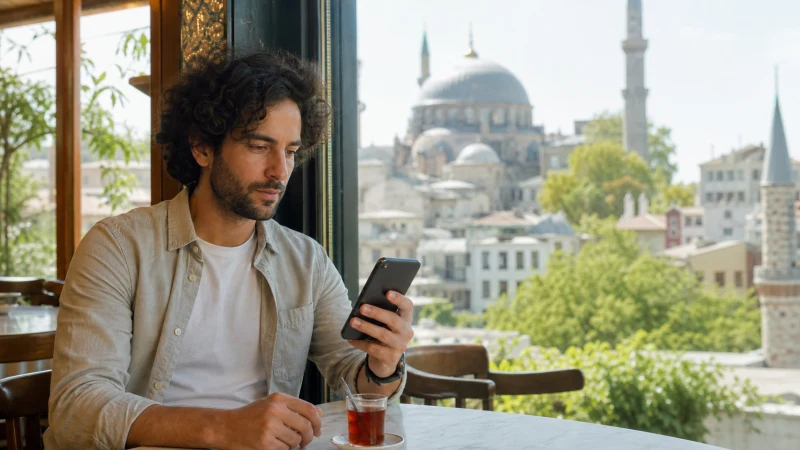 Traveller checking eSIM network settings on a smartphone in an Istanbul café.
