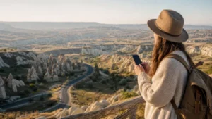 Traveller checking mobile coverage during a road trip through Cappadocia, Turkey.