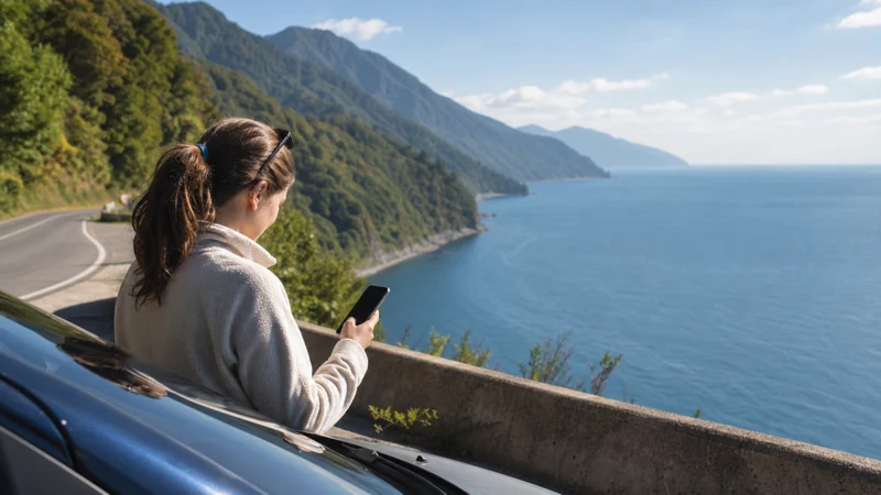 Road traveller checking smartphone navigation on the Turkey–Georgia Black Sea corridor