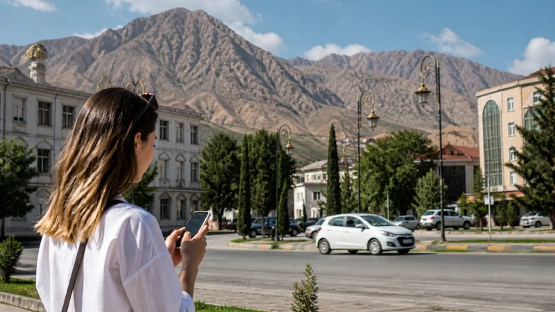 Traveller using a smartphone for mobile internet in tursunzoda: esim and tourist connectivity