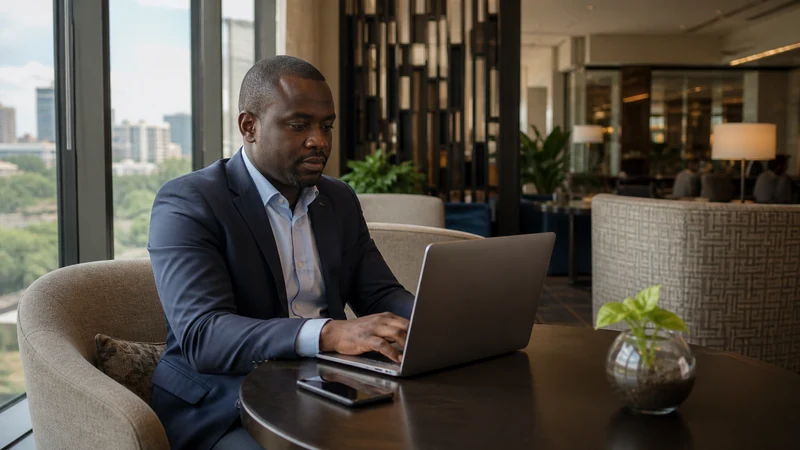 Business traveller working on a laptop in a modern Uganda hotel lounge.