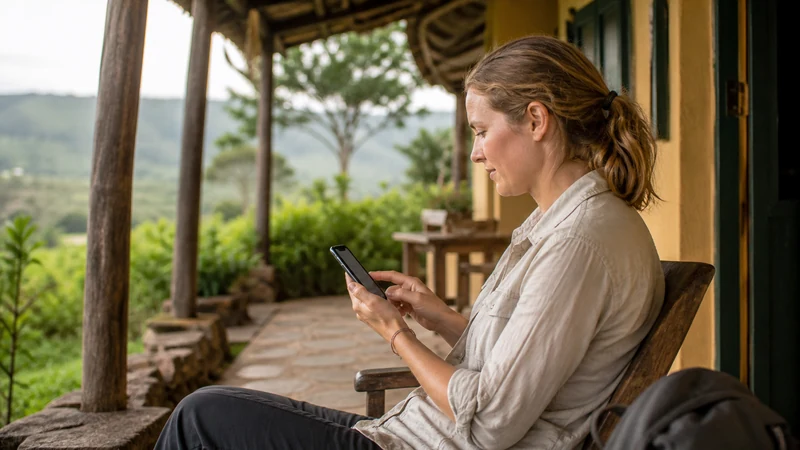 Traveller configuring an Android phone in Uganda.
