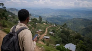 Phone user overlooking green Ugandan highland landscape.