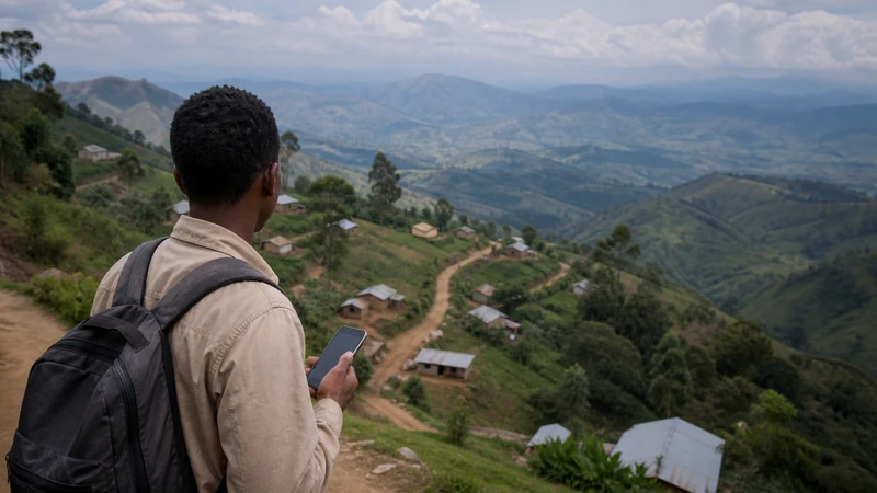 Phone user overlooking green Ugandan highland landscape.