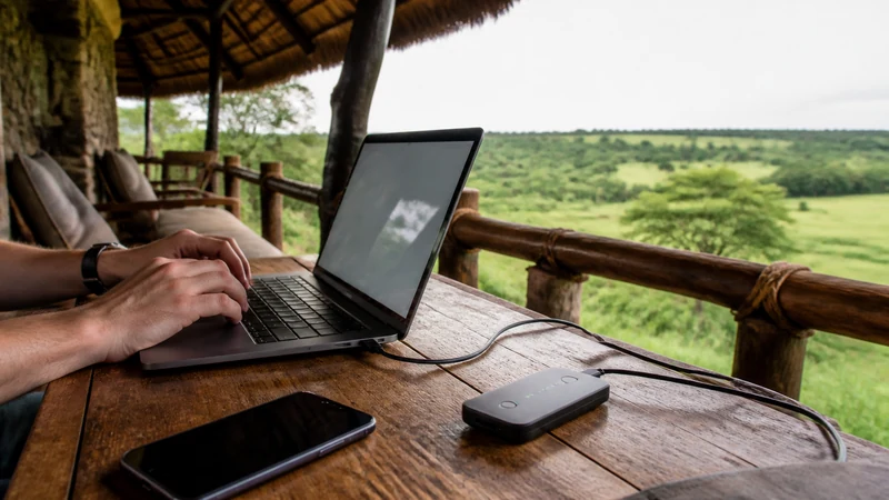 Laptop connected to a phone hotspot at a lodge.