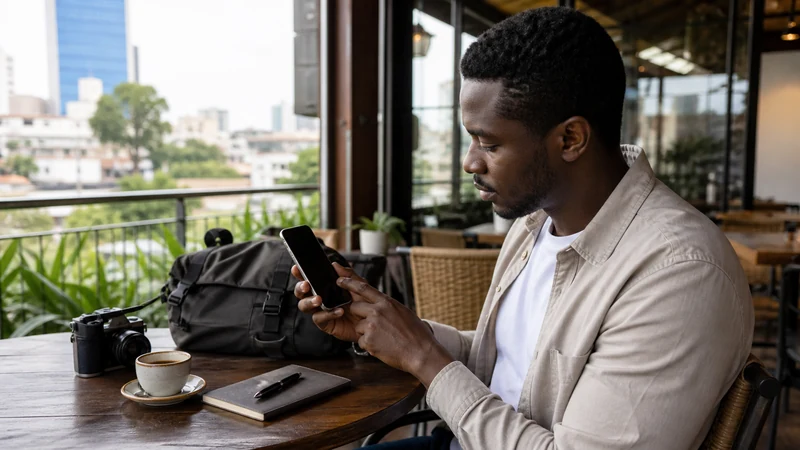 Traveller configuring an iPhone in Uganda.