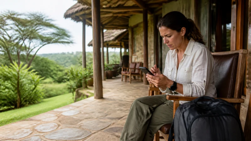 Traveller troubleshooting a phone outside a Ugandan lodge.