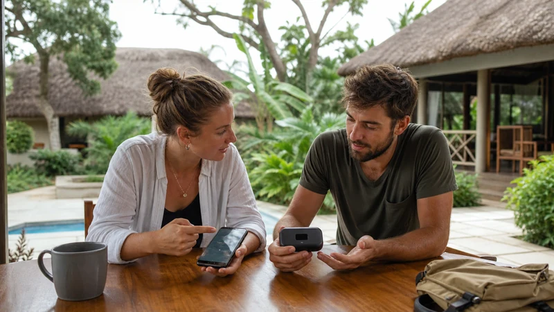 Couple comparing phone tethering with a pocket router.