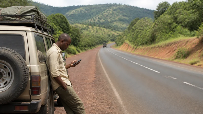 Traveller checking a smartphone beside a vehicle on a road trip in Uganda.