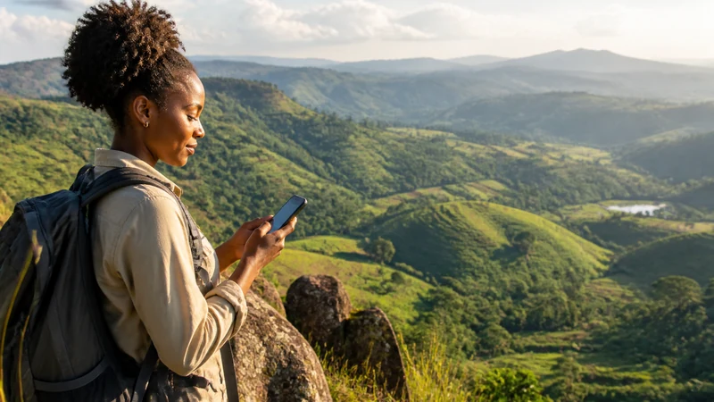 Solo traveller using a smartphone in Uganda’s green highlands.