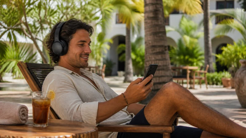 Traveller streaming on a smartphone beside an Aruba beach