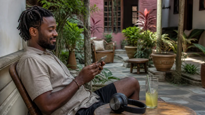 Traveller using mobile data in a Ghanaian guesthouse courtyard