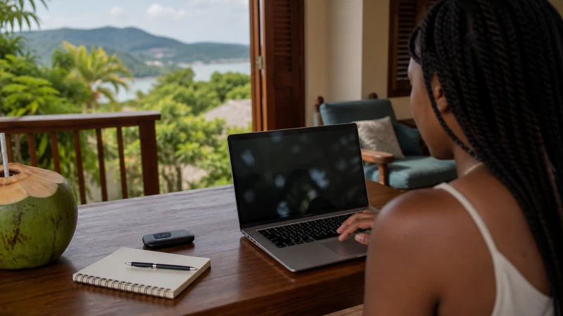 Traveller using a smartphone in Jamaica while understanding unlimited-data terms in Jamaica