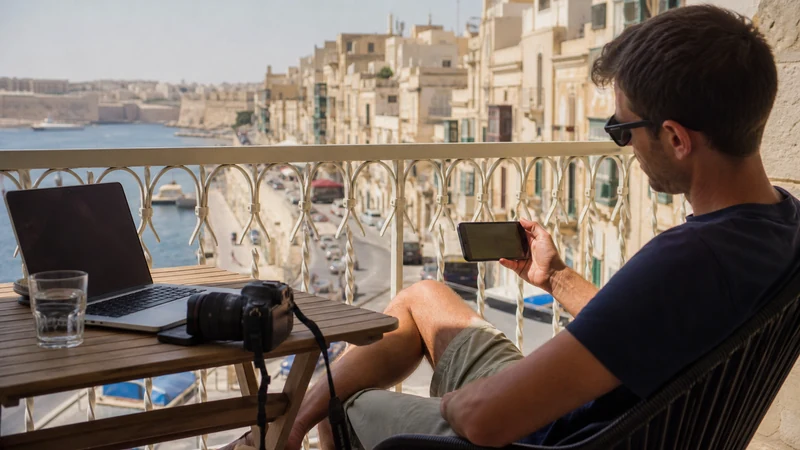 Traveller using a smartphone in Malta while comparing unlimited-data terms in Malta