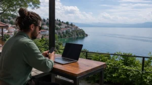 Traveller using a smartphone during unlimited data in north macedonia for tourists in North Macedonia.