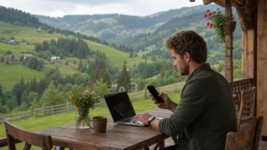 Traveller using a smartphone during unlimited data in romania for tourists in Romania.