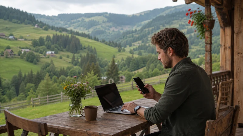 Traveller using a smartphone during unlimited data in romania for tourists in Romania.