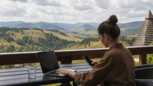 Remote worker using a laptop and smartphone on a Zlatibor terrace.