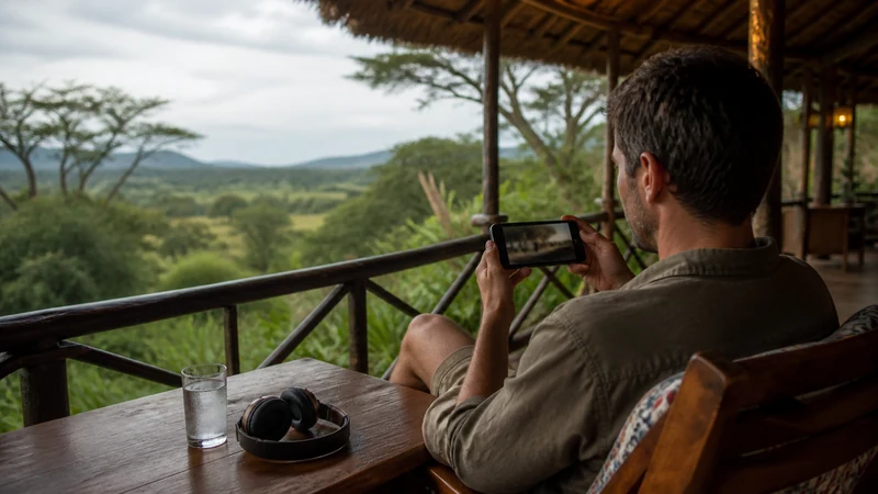 Traveller streaming carefully at a Ugandan lodge.