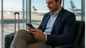 Traveller using a smartphone in Uruguay for uruguay business travel internet