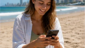 Traveller using a smartphone in Uruguay for uruguay esim for beach trip
