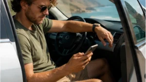 Traveller using a smartphone in Uruguay for uruguay esim for rental car
