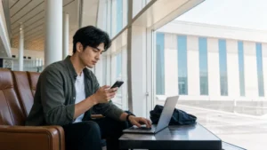 Traveller using a phone and laptop carefully in an airport lounge