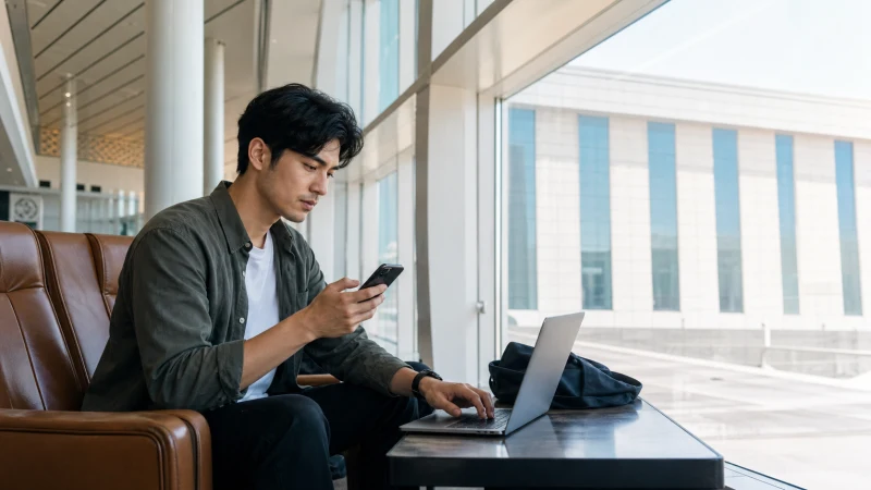 Traveller using a phone and laptop carefully in an airport lounge