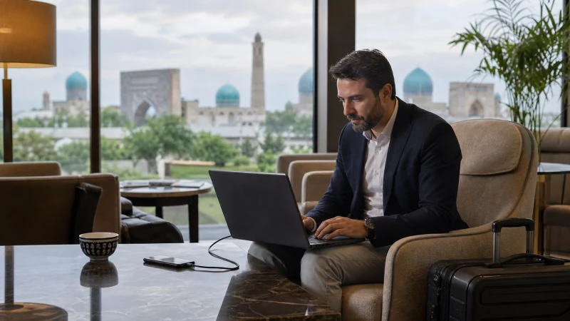 Business traveller working with a phone and laptop in Tashkent