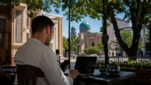 Digital nomad working at a Tashkent cafe
