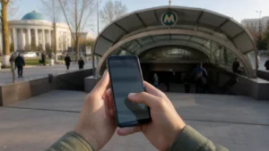 Traveller using a smartphone near Tashkent metro