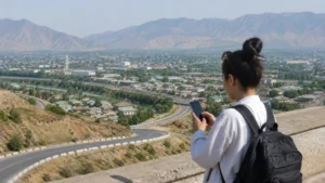 Traveller checking coverage above an Uzbekistan valley city