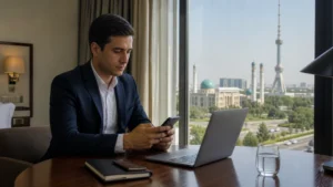 Business traveller using a dual-SIM phone in a Tashkent hotel workspace.