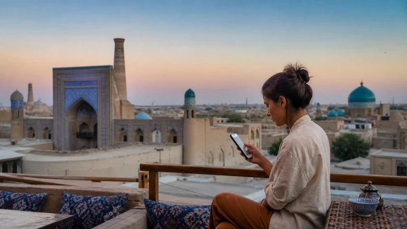 Traveller using a smartphone in a Bukhara courtyard