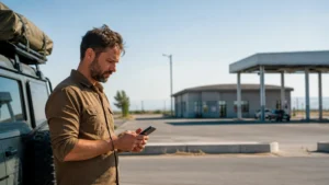 Overland traveller checking a phone before the Kazakhstan border