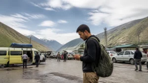 Overland traveller checking a phone before the Kyrgyzstan border
