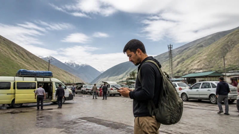 Overland traveller checking a phone before the Kyrgyzstan border