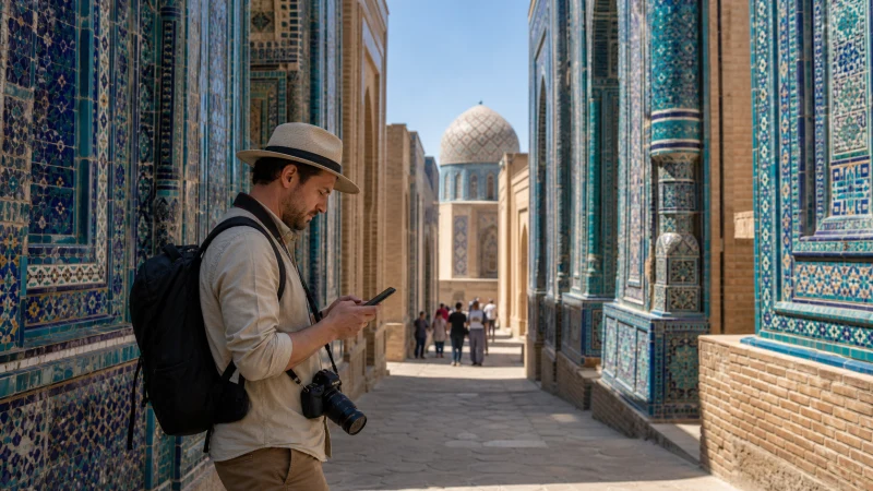 Photographer checking a phone near Samarkand mosaics