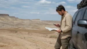 Prepared traveller with a phone on an Uzbekistan desert plateau