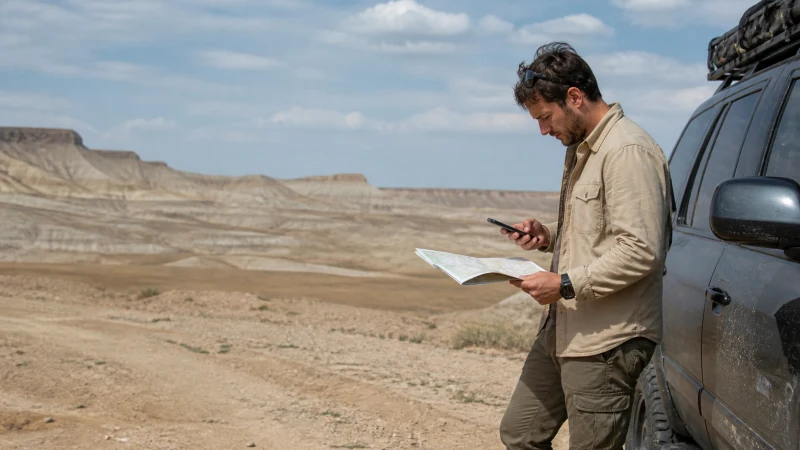 Prepared traveller with a phone on an Uzbekistan desert plateau