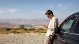 Traveller checking a smartphone at an Uzbekistan road stop