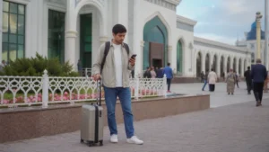 Short-trip traveller checking a phone outside Tashkent station